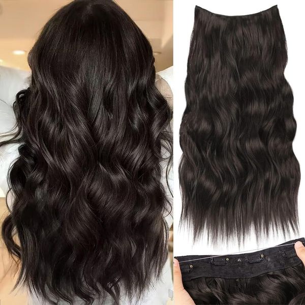 PORSMEER 20inch Long Black Hair Extension with Transparent Invisible Wire, Clip in Hair Extension, One Piece Curly Wavy Hair Pieces Adjustable Size with 4 Secure Clips for Women,Black 2#