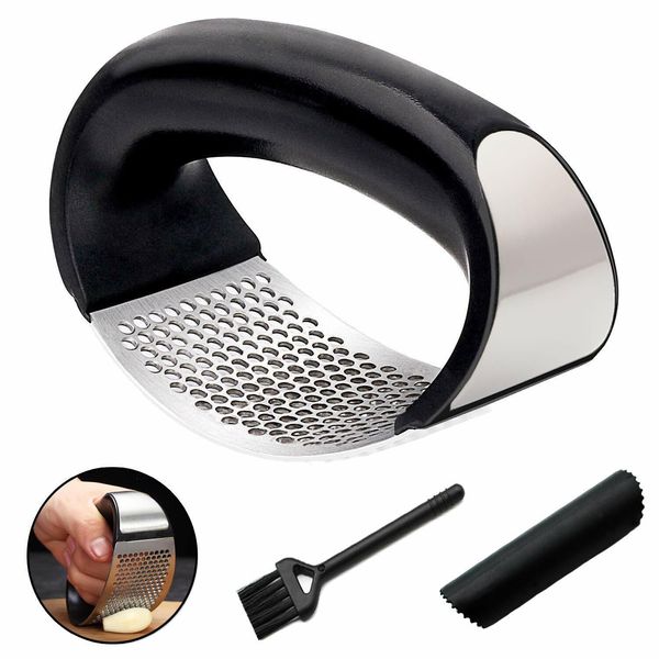 Garlic Press Rocker Stainless Steel Crusher Silicone Peeler Ginger Squeezer