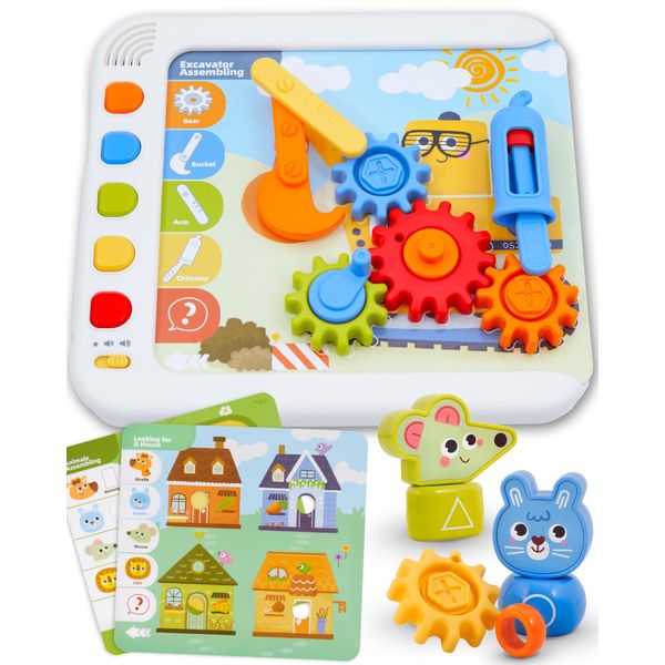 THE BAMBINO TREE Busy STEM Box for Kids Age 3-6 yrs - Interactive Electronic Activity Board with Talking Flash Cards, Gears, Animals and Building Blocks - Educational Toys for 3+ Year Old