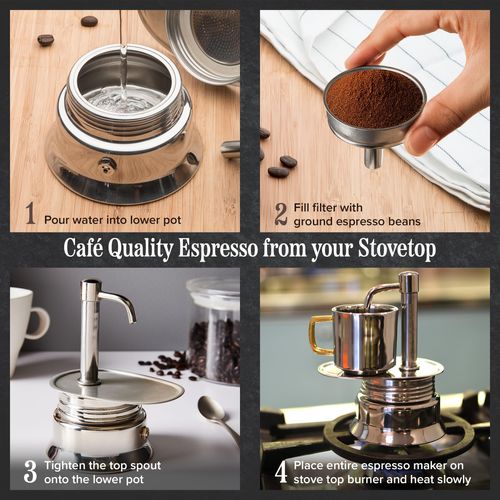 Kings County Tools Single Spout 1 Cup Coffee Maker - Stainless Steel Stovetop Espresso Maker - Italian Coffee Machine for Espresso, Cappuccino, and Mocha - Portable Brew Pot for Home or Camping