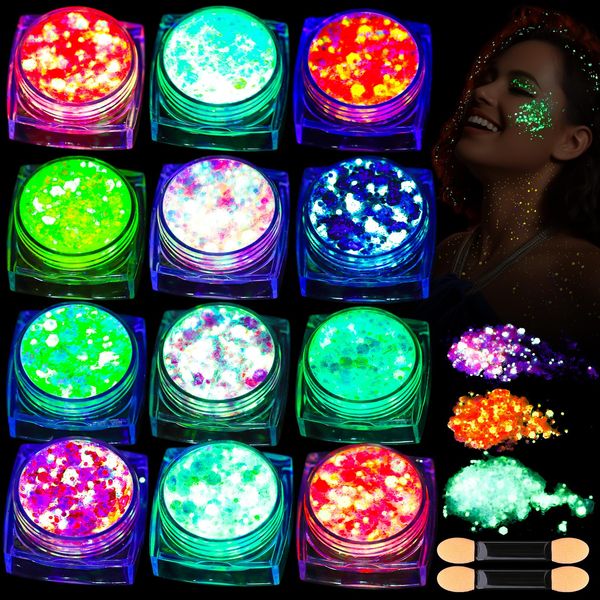 Teenitor 12 Colors Glow in The Dark Glitter Gel, Body Glitter Gel Face Glitter Gel Hair Glitter Gel for Halloween Makeup, UV Black Light Glitter, Chunky Glitter Makeup for Raves Festivals