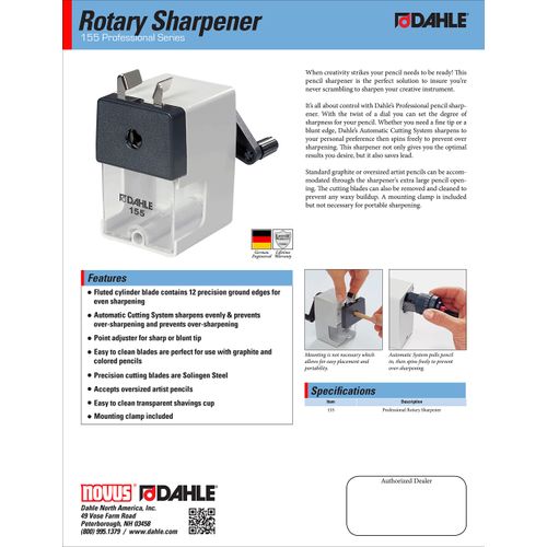 Dahle 155 Professional Pencil Sharpener w/Point Adjuster & Automatic Cutting System, Accepts Graphite & Oversized Artist Pencils