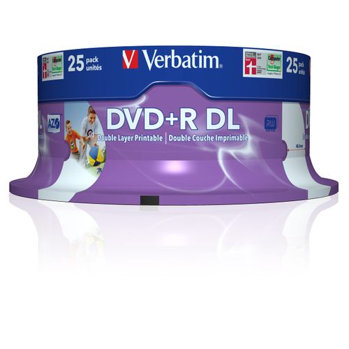 Verbatim 43667 8.5GB 8x Double Layer DVD+R Inkjet Printable - 25 Pack Spindle
