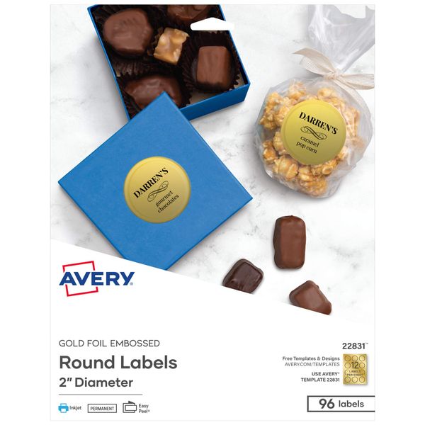 Avery Printable Embossed Foil Round Labels, 2" Diameter, Gold, 96 Customizable Labels (22831)