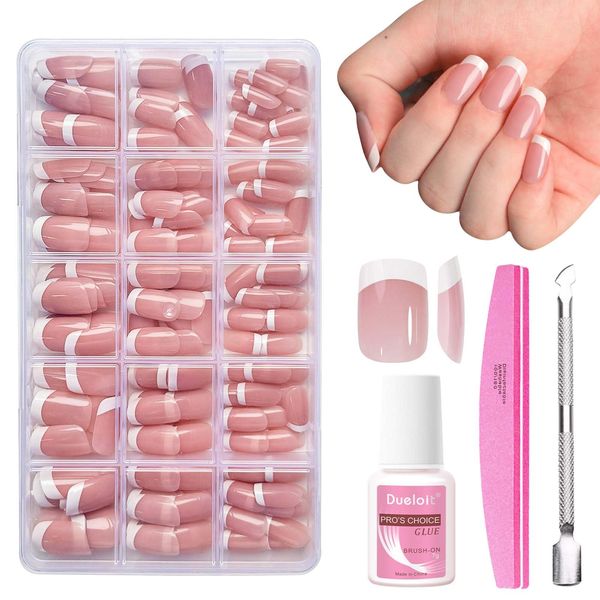 French Tip False Nails Set - 240pcs French Press On Nails - Medium Length Acrylic Nail Set - 15 Different Sizes Nude Pink French False Nails Glossy Full Cover Glue on Nails