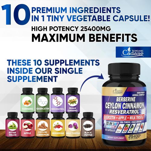 Ceylon Cinnamon 15000mg Berberine 3000mg Quercetin 2000mg Supplement - 10in1 90 Veggie Capsules with Milk Thistle Turmeric Apple and more for Heart Body Digestive and Immune Support