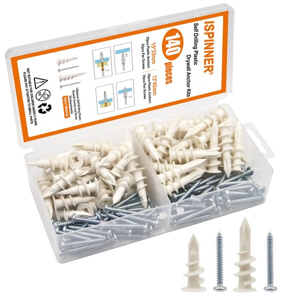 ISPINNER 140pcs Plastic Drywall Anchors Self Drilling Hollow Wall Anchors with Screws Assortment Kit (13x42mm + 15x33mm)