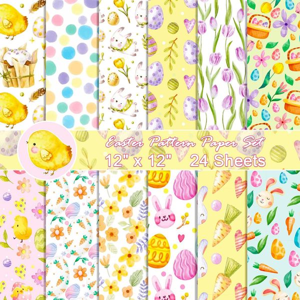 sorkwo 24 Sheets Easter Pattern Paper Set, 12"x12" Patterned Cardstock Paper Scrapbooking Supplies Paper Rabbit Carrot Easter Egg Origami Paper - 12 Styles