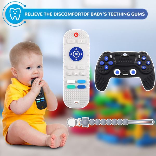 2 pcs Silicone Teething Toys Remote Game Controller & TV Remote Control Teethers for Babies with Pacifier Clips,BPA Free,Safe Toddler Infant Baby Chew Toys for Babies Girls Boys 6-12 Months