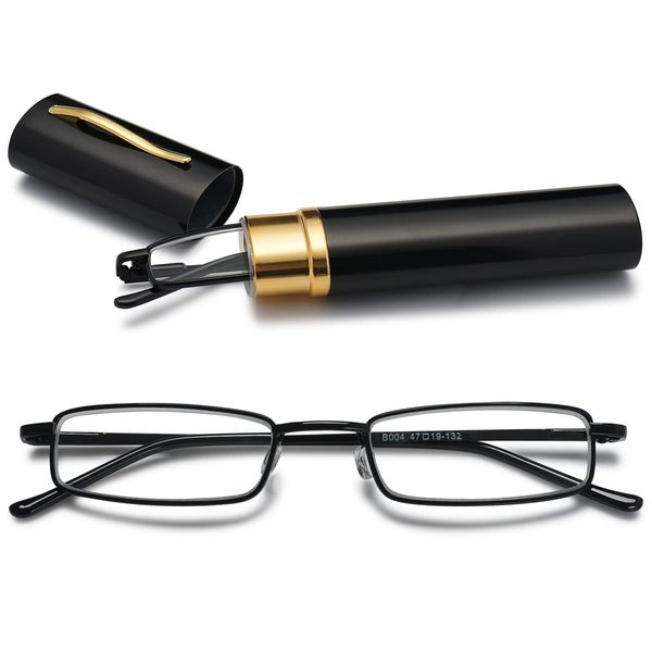 VEVESMUNDO Herren Lesebrille Mini Reise Kleine Kompakte Schmal Metall Lesehilfe Brillen Mit Etui +1.0,+1.5,+2.0,+2.5,+3.0,+3.5,+4.0 (1 x Schwarz Blaulichtfilter Lesebrille, 2.5)