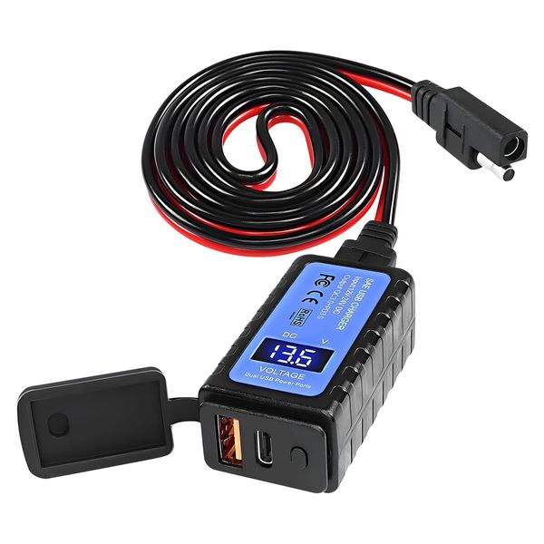 Ankuee 4.8A Motorcycle Phone Charger, Vehicle Waterproof Dual USB Quick Charge QC3.0 PD3.0 USB Charger SAE to USB Adapter with Voltmeter ON/Off Switch, Universal for Phone Tablet GPS & More