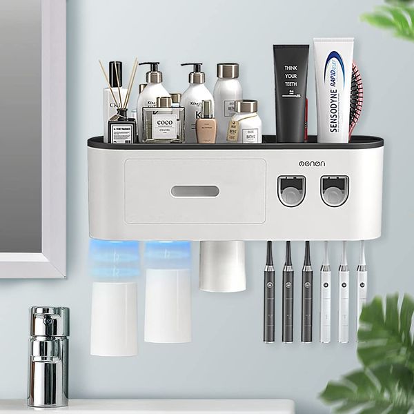 BHeadCat Toothbrush Holders Wall Mounted, Toothbrush Holder with Automatic Toothpaste Dispensers, 6 Brush Slots, 3 Magnetic Cups,1 Cosmetic Drawer Organizer and 1 Large Storage Tray