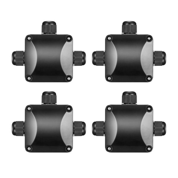 4PCS Waterproof Junction Boxes, Black IP68 3-Way Cable Connectors, Ø5.5mm-10.2mm Outdoor Lighting Cable Junction Box