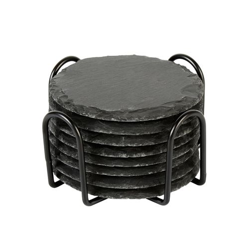 Restaurantware Slate Coasters 8 Pcs 4" with Iron Holder Black Stone Drink Coasters Rustic Edges Anti-Scratch Bottom Freezable Round Coffee Cup Holders for Kitchen, Home Decor, Bar, Office
