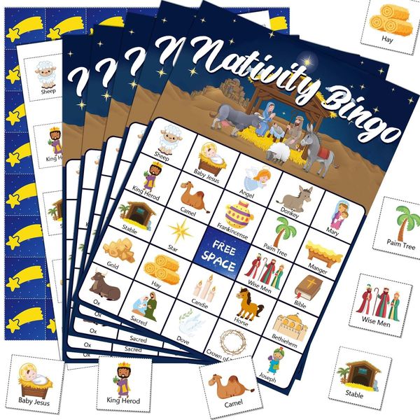 Kavoc Christmas Nativity Bingo Game Set for 24 Players with Nativity Bingo Cards Christian Religious Jesus Themed Bingo Games for Family Friends Gathering School Classroom Holiday Party Supplies