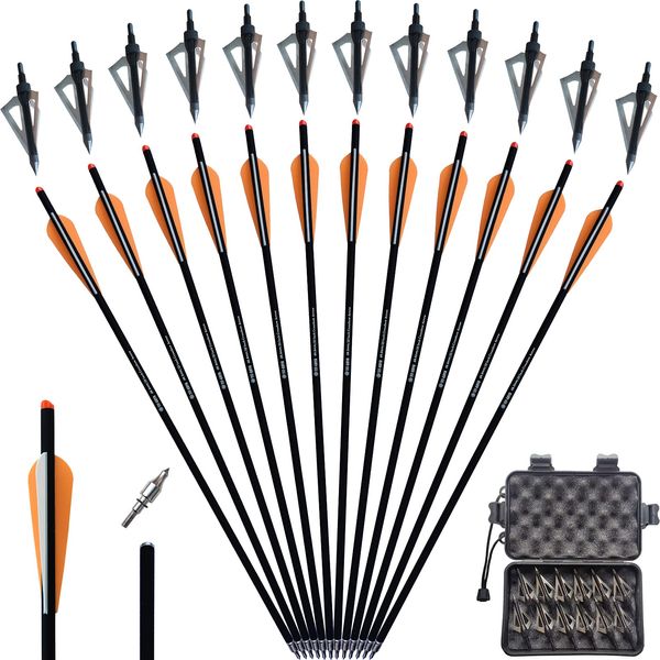 TIT-COYO 20 22 Inch Crossbow Bolts and Crossbow Broadheads Set Carbon Crossbow Arrows for Hunting and Outdoor Practice, 12pcs Orange Arrows 12pcs Broadheads(24 Pack)