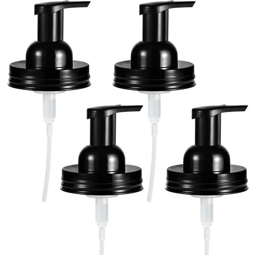 Amolliar Mason Jar Foaming Soap Dispenser Lids, Plastic Foam Pump Lids for Regular Mouth, Foaming Replacement Pump Set, Farmhouse Kitchen BathroomShower, Includes Waterproof Stickers - 4 Pack, Black
