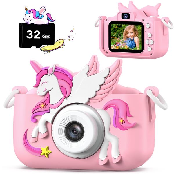 Upgrade Kids Camera for Boys Girls, Toddler Digital Selfie Camera with Cute Protective Cover and 32G SD Card, Christmas Birthday Gifts Toys for 3 4 5 6 7 8 9 10 11 12 Years Old Little Girls and Boys