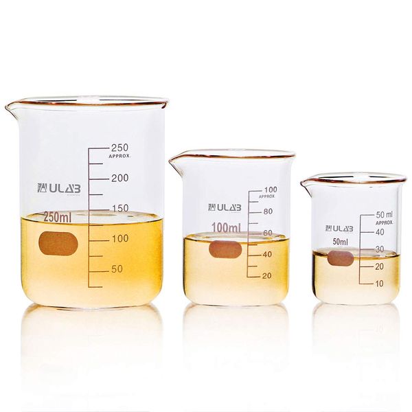 ULAB Scientific Glass Beaker Set, 3 Sizes 50ml 100ml 250ml, 3.3 Boro Griffin Low Form with Printed Graduation, UBG1001