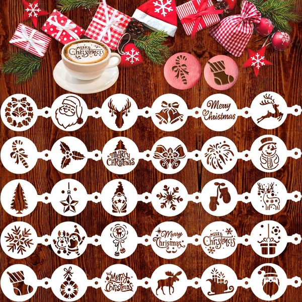 Qpout 30pcs Christmas Cookie Stencil Baking Mold, Xmas Party Fondant Coffee Decoration Embossing Mold, Santa Claus Christmas Tree Snowflake Bell Plastic Painting Templates