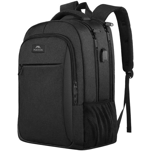 MATEIN Business Laptop Backpack, 15.6 Inch Travel Laptop Bag Rucksack with USB Charging Port, Water-Resistant Bag Daypack for Work College Computer Men Women Backpack, Black