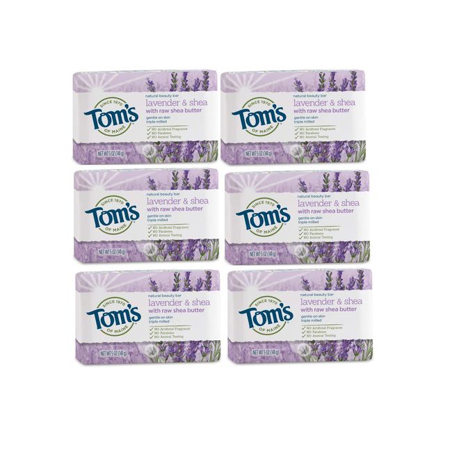 Tom's of Maine Natural Beauty Bar Soap, Lavender & Shea With Raw Shea Butter, 5 oz. 6-Pack