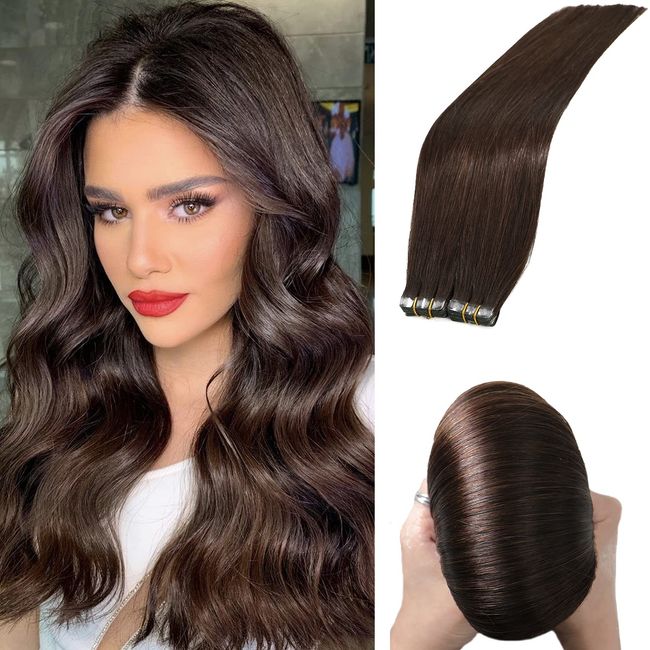 Aison Tape in Hair Extensions Human Hair 18inch, Dark Brown Staight Hair Extensions, 100% Tape in Remy Human with Reusable and Use Convenient