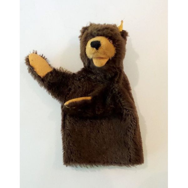 VINTAGE 1950's-60's STEIFF MOHAIR BROWN BEAR HAND PUPPET, BUTTON IN EAR