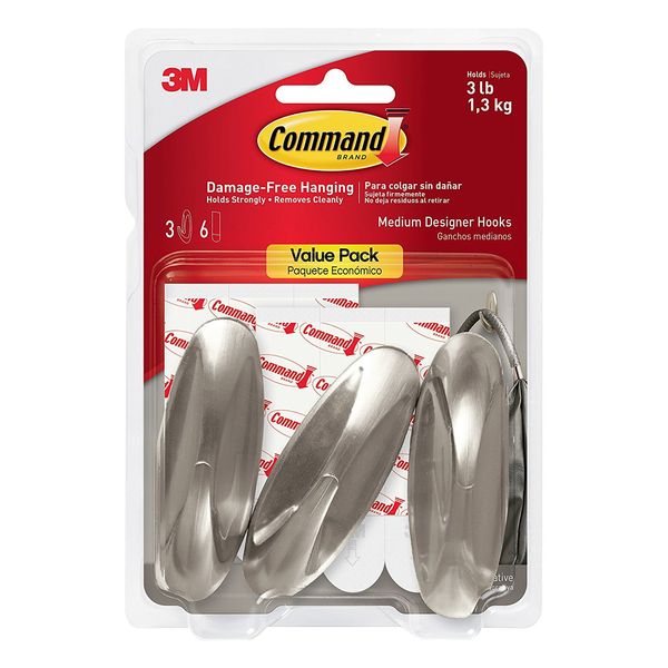 Command Designer Hooks, Medium, Brushed Nickel, 3-Hooks (17081BN-3ES), Great for dorm decor