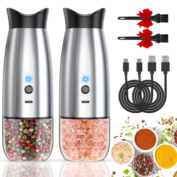 Gravity Electric Salt and Pepper Grinder Set, USB Rechargeable, No Battery Needed, Adjustable Coarseness, Automatic Mill Grinder with Warm LED Light, One Hand Operated for Kitchen, Restaurant, Outdoor