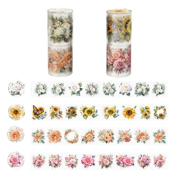 Syrvnto 4 Rolls Washi Tape Set, Blumen Plants PET Washi Tapes,Transparent Washi Sticker Floar Deko Washi Masking Tape für Scrapbooking,Journaling,Bullet Journals Tape für Kinder Mädchen