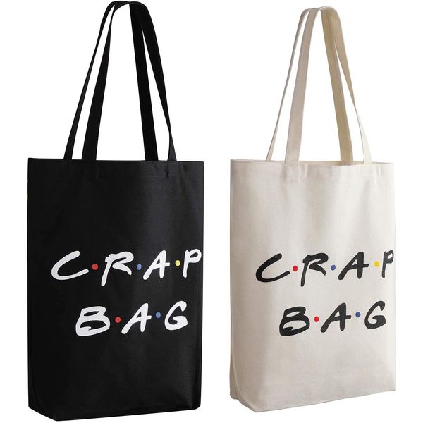 Erweicet Friends Show Crap Bag, 2 Pack Large Canvas Reusable Grocery Tote Bags White and Black Craft Canvas Bag