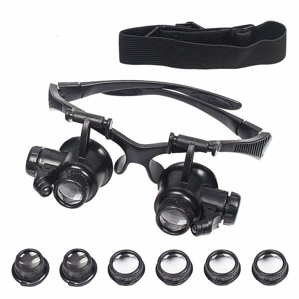 Headset Binocular Magnifier, Headband Magnifying Glasses with LED Light, jewellers Loupe with 4 Interchangeable Lenses 10X 15X 20X 25X, for Jewelry Eyeglass Watch Electronic Repair Tool