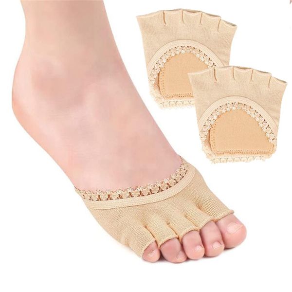 Open Five Toes Half Socks, Breathable Sweat-Absorbent Peep Toe Forefoot Socks Anti-Slip Lace Invisible Forefoot Pad, Relief Foot Pain Toe Separator Socks Women Flat High Heels Heelless Toeless Socks