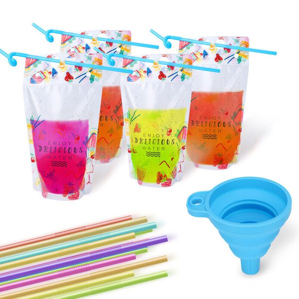 50 PCS Stand-Up Plastic Drink Pouches Bags with 50 Drink Straws, Heavy Duty Hand