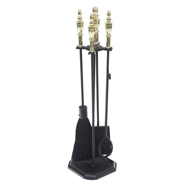 ACHLA DESIGNS Fireplace Tool Set 30.5"Tall Solid Polished Brass+Black 5-Piece