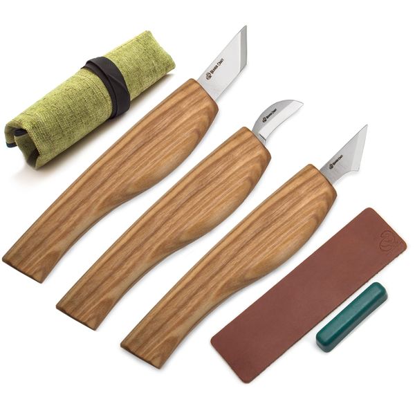 BeaverCraft Wood Carving Chisels Wood Carving Kit for Beginners S55 Whittling Tools Detail Carving Chisel Set - Wood Carving Tools, Wood Whittling Kit Includes 3 Chip Carving Gouge and Stropping Kit