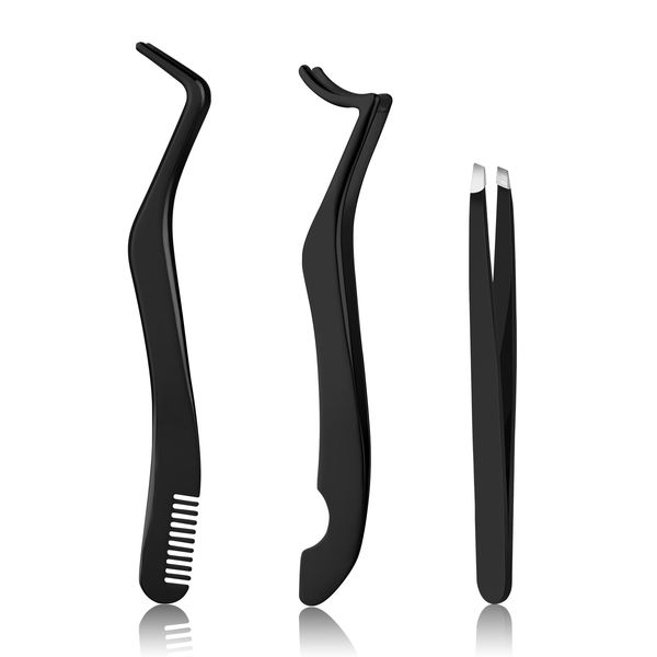 simarro 3 Pcs Eyelash Applicator Tool Set, False Eyelashes Applicator Tool Remover Clip, Professional Eyelashes Tweezers Curved Eyelash Eyebrow Curler for Beginners Makeup Artists (Black)