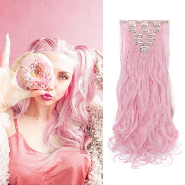 Benehair Light Pink Hair Extensions Pink 8PCS Clip in Hair Extensions Seamless Double Weft Highlight Wavy Curly Full Head 18 Clips Women Colorful Hairpiece 24" Curly Cosplay Tangle-free Party