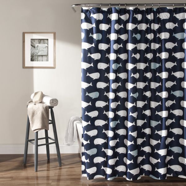 Lush Decor Whale Shower Curtain - Fabric Ocean Fish Animal Print Design for Kids, 72" x 72", Navy