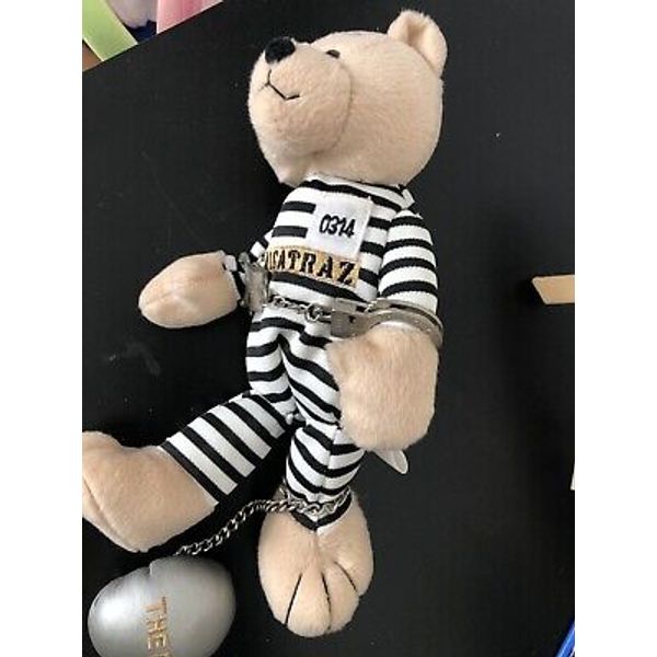 PROPERTY OF ALCATRAZ TEDDY BEAR BEAN BAG PLUSH PRISON UNIFORM METAL HANDCUFFS