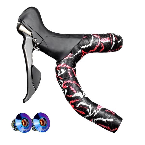 GORIX Bar Tape Handlebar Grip Wrap+2 Bar Oil Slick Plug Silicon Road Mountain Bicycle Cycling (GX-Marble) (Red)