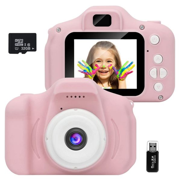 Kids Camera for 3-8 Year Old Toddler Childrens Digital Camera Mini Rechargeable Shockproof Video Camcorder Gifts with 32GB Memory Card for Birthday-Pink