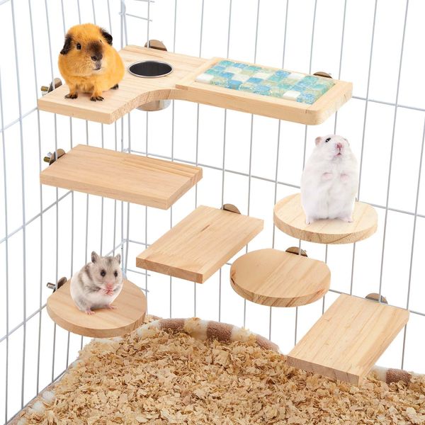 DoubleFill Set of 9 Wooden Hamster Cage Platform Chinchilla Ledges and L Shaped Round Hole Rat Cage Accessories with Cooling Standing Board Food Cup for Squirrel Gerbil Guinea Pig Small Animal