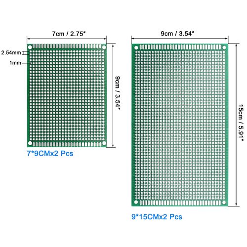 sourcing map Double-Sided PCB Board Printed Circuit Boards Kit (2 Sizes - 7x9 9x15) Prototyping Board for DIY Soldering Electronic Projects Practice Test Circuit 4pcs
