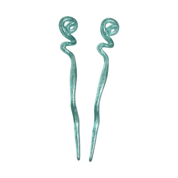 Womens 6.25 inch Long Green Twirl Hair Sticks with Glitter and Diamonds Chopsticks - Set of 2