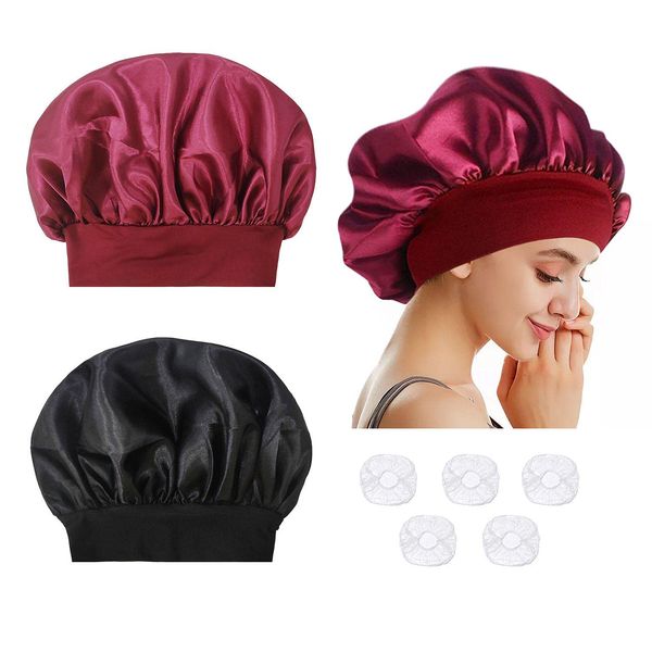 2 soft night caps for ladies, night sleep, loose and tight satin hats, with 5 plastic disposable transparent shower caps.