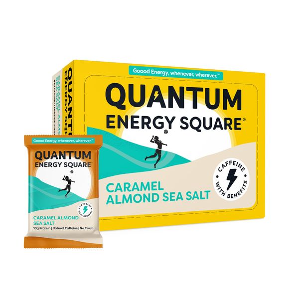 Quantum Energy Square: Energy Bar with Caffeine & 10g Protein. Delicious Healthy Snack On The Go. (Vegan, Gluten-free, Soy-free, Dairy-free). Flavor: Caramel Almond Sea Salt 8Pk