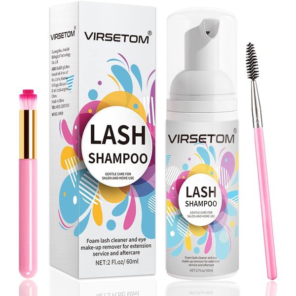 Vemofoper Lash Shampoo for Lash Extensions, Eyelash Extension Cleanser 60ml + Rinse Bottle + Brushes, Lash Bath for Eyelash Extensions, Lash Cleaner, Paraben & Sulfate Free, Salon and Home Use