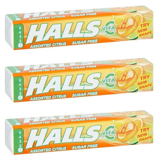 Halls Assorted Citrus Sugar Free Cough Sweets 32g (Pack of 3 Bars) Soothing Sore Throat Relief